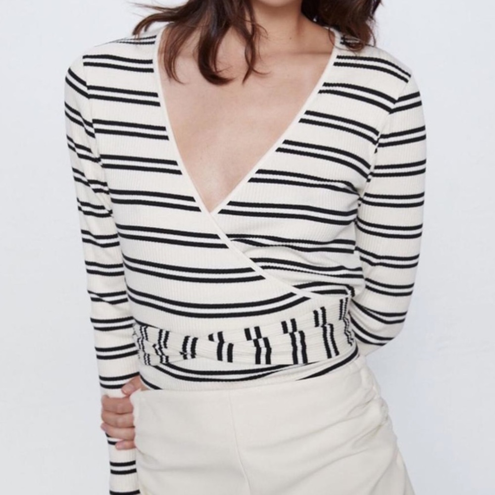 NWT ZARA Striped Black and White Wrap Top size large